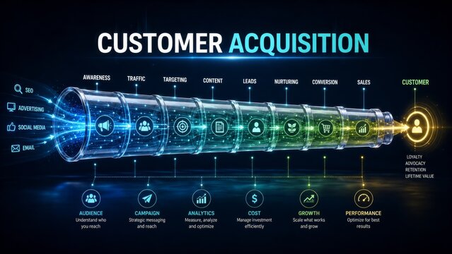 Customer Acquisition Funnel and Digital Marketing Strategy with Lead Generation and Conversion Process