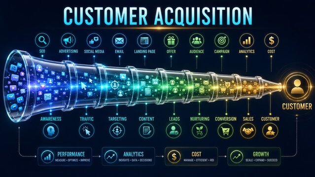 Customer Acquisition Funnel and Digital Marketing Strategy with Lead Generation and Conversion Process