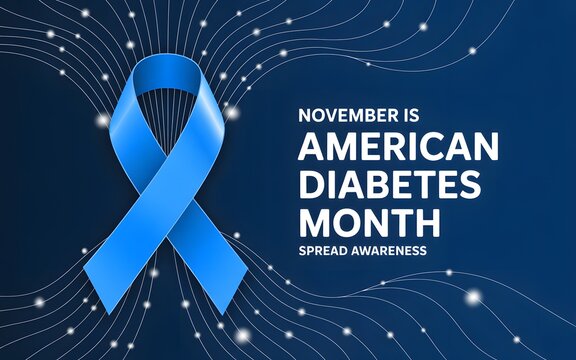 November is american diabetes month awareness poster with blue ribbon and abstract light network