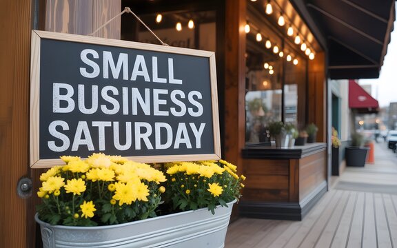 Small business saturday sign displayed outside a local shop with yellow chrysanthemums