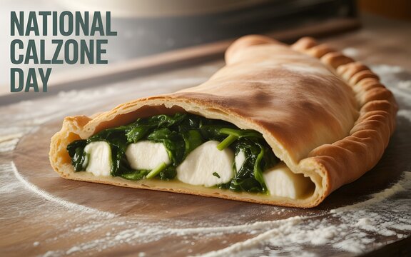 A sliced calzone filled with spinach and mozzarella cheese on a floured wooden cutting board