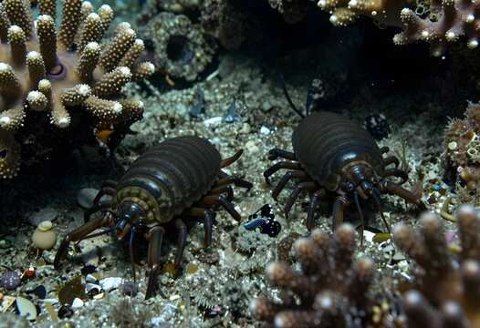 Deep sea exploration and marine biology, two giant isopods on the ocean floor with coral reef ecosystem