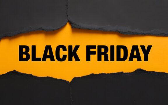 Black friday promotional text on bright orange background, with torn black, paper edges