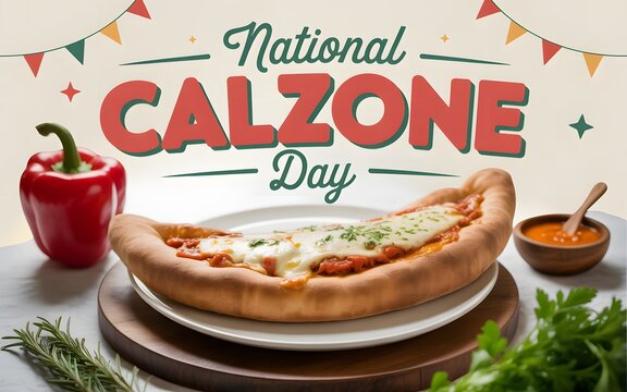 Baked calzone served on a white plate with red bell pepper and herbs for national calzone day
