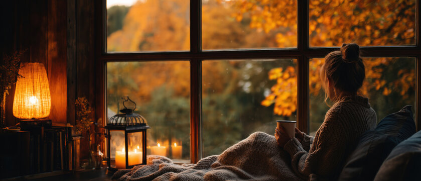 Person wrapped in blanket sitting near window with lantern lights overlooking autumn trees