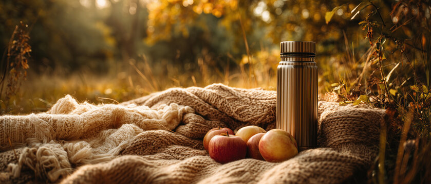 Cozy autumn picnic set with knitted blanket stainless thermos and fresh apples in forest