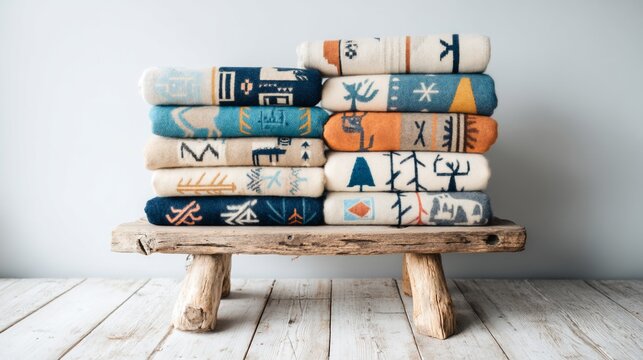 Stacked blankets with colorful geometric designs on a rustic wooden stool