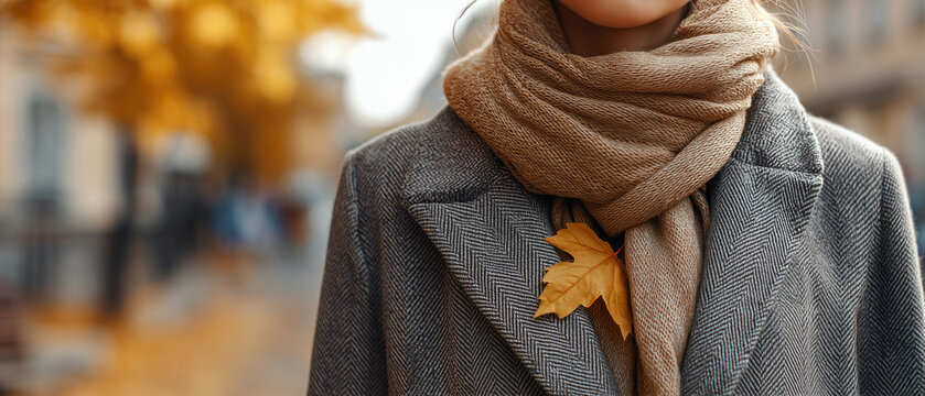Close up of stylish person in grey wool coat and warm knitted scarf with single autumn leaf