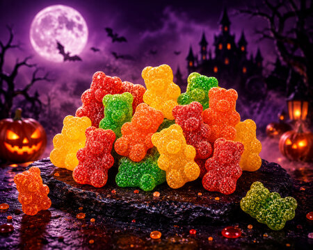 Colorful Gummy Bear Candies in Spooky Halloween Scene with Full Moon, Haunted Castle and Bats