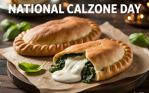 Freshly baked italian calzones filled with spinach and melted cheese on a wooden cutting board