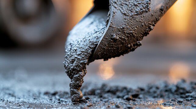 Close-up of wet concrete pouring from a shovel.