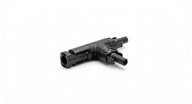 Macro of solar T-branch connector. Black UV-stabilized polycarbonate housing joining three MC4 compatible ports. Off-grid renewable energy distribution hardware isolated on pure white background.