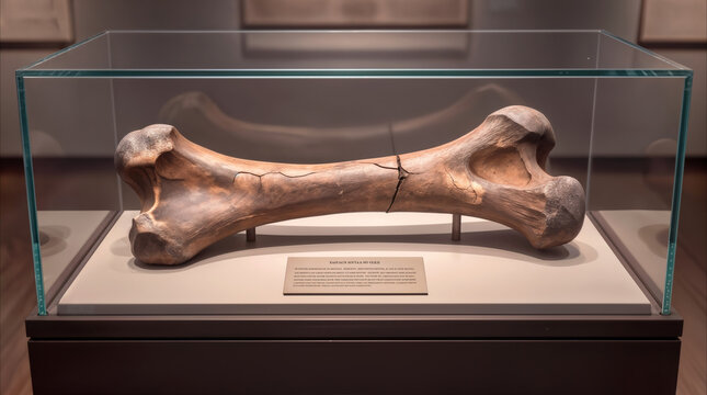 Fossilized dinosaur bone displayed in glass case at natural history museum. Ancient femur specimen on exhibition for educational purposes.
