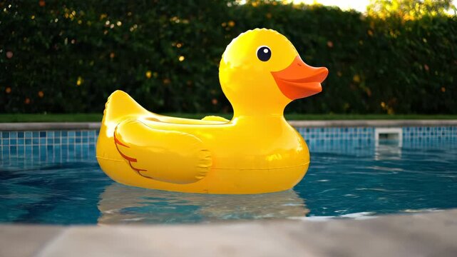 Yellow inflatable duck floats pool water. Summer rubber duck drifts on clear water. Inflatable toy brings summer vibe pool. Plastic toy moves calm pool surface. Summer vacation relax with yellow duck.