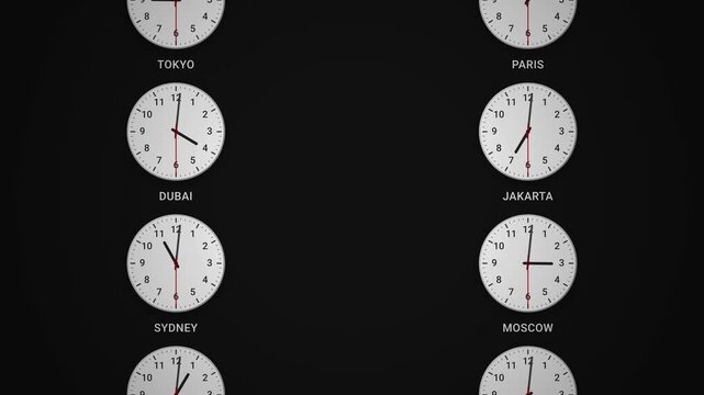 international timezone displays showing white analog clocks with red pointers scrolling