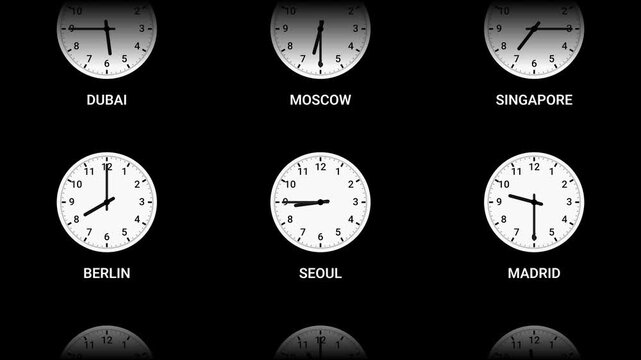 Animated scrolling grid of white analog world clocks displaying international city time zones on a black background
