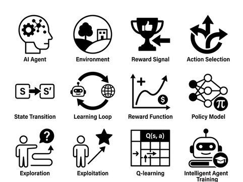 Reinforcement learning concepts infographic icons set