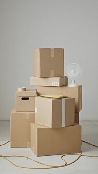 Vertical shot of cardboard boxes standing stacked with packing tape, mailer envelope, and electric fan. Clip is perfect for e-commerce logistics, moving house, or delivery service promotions