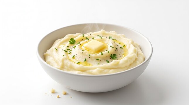 Creamy mashed potatoes with melting butter and fresh herbs, fluffy whipped potato puree in a white bowl, savory side dish isolated on White Background