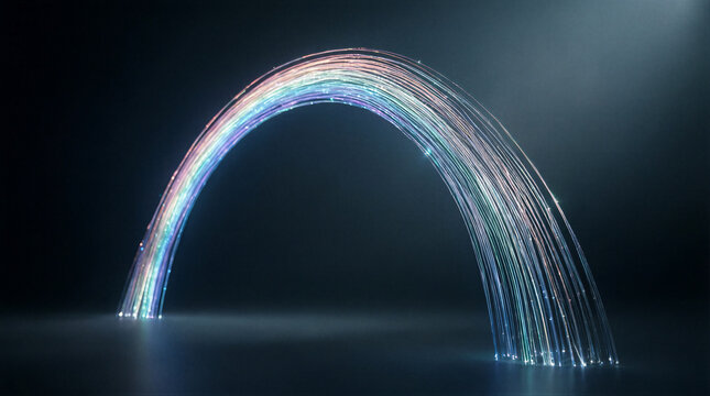 Fiber optics light arc rainbow curve glowing in dark void with copy space for technology and communication concepts