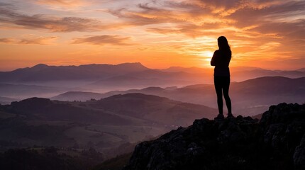 Fototapeta premium Woman Gazing at Sunset Above Mountain Landscape