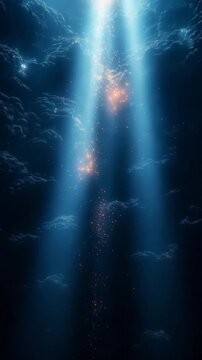 Cinematic underwater-inspired scene with deep blue cloud-like formations surrounding a powerful vertical shaft of ethereal white-blue light