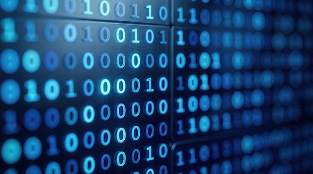 Close-up of binary code displayed on a digital screen, representing data and technology trends in blue hues.