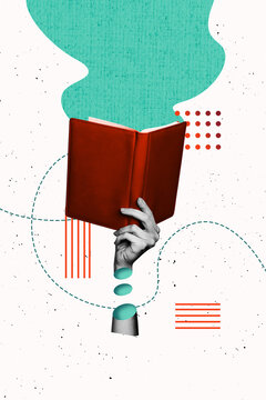 Template poster trend artwork 3D photo collage of education learn reader student hobby hand hold open book study library reader education