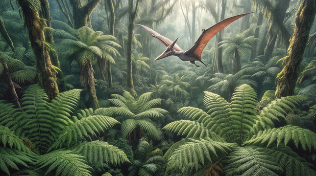 Pterodactyl flying over prehistoric jungle canopy. Pterosaur soaring through lush tropical forest with giant ferns and dense vegetation during Mesozoic era.