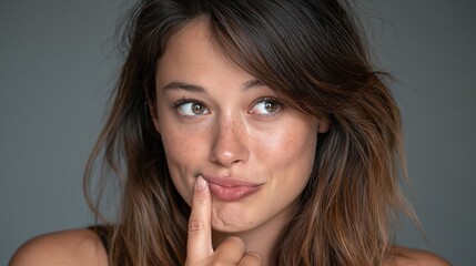 Naklejka premium Portrait d'une femme pensive avec un doigt posé sur ses lèvres et un regard curieux