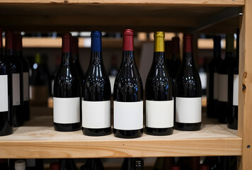 Naklejka premium Wine selection and retail display, bottles of red wine with blank labels on wooden shelves in a store or cellar