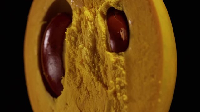 Cut Canistel Fruit Reveals Glossy Brown Seeds and Golden Flesh in Macro View, Showing Fresh Tropical Produce
