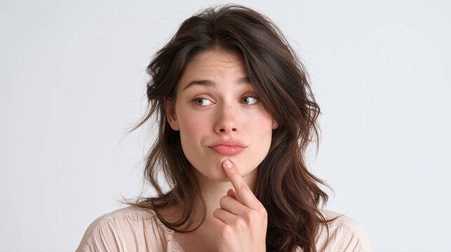Jeune femme pensive regardant sur le c&ocirc;t&eacute; avec la main sur le menton