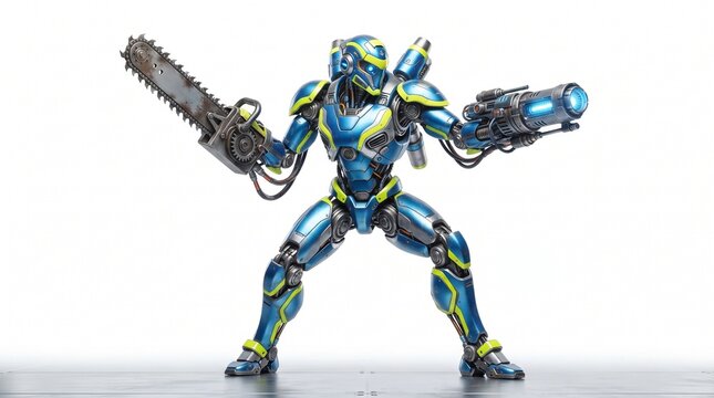 Futuristic Blue Robot Warrior Holding Chainsaw and Laser Cannon Isolated on White Background 3D Render