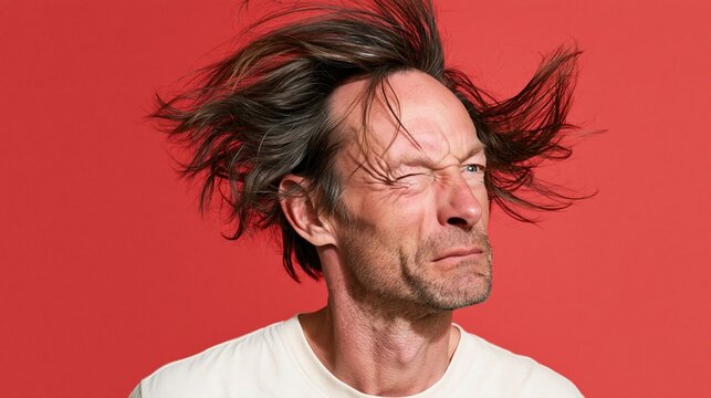 Portrait d'un homme aux cheveux &eacute;bouriff&eacute;s par le vent grima&ccedil;ant sur fond rouge