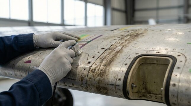 Aircraft technician inspecting airplane wing surface with non destructive testing sensor tool in hangar