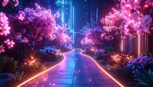 Serene pathway lined with blooming wisteria trees at dusk.