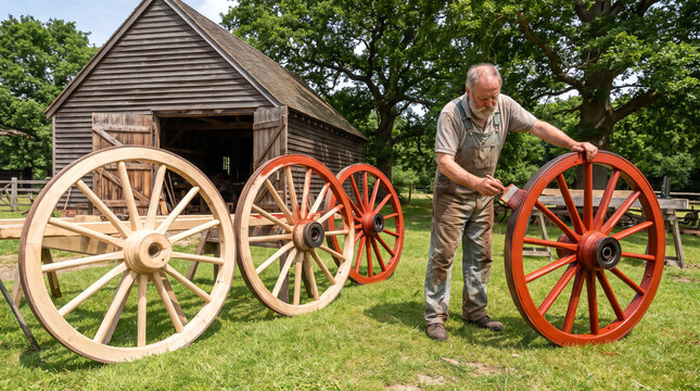 Craftsman Applying Red Paint to Large Wooden Wagon Wheel Outdoors