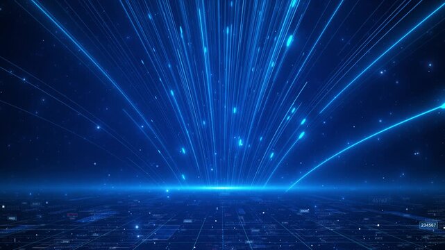 Bright blue data rays rise glowing digital grid filled code, panels, markers. artificial intelligence, cloud computing, cyber security, analytics software launches, network promos, 19 backdrop