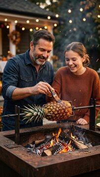 Smiling father and daughter roasting whole pineapple on spit over outdoor fire pit in backyard