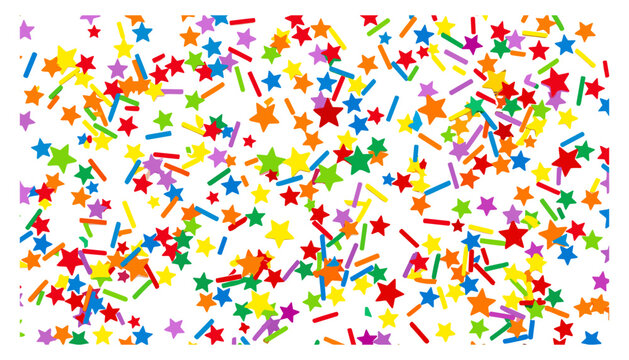 Colorful birthday cake sprinkles background featuring a vibrant mix of multi colored stars and jimmies confetti isolated on a clean white background vector illustration.