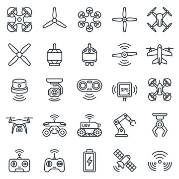 Flat vector icon set featuring drones, robotics, and remote control equipment for modern technology
