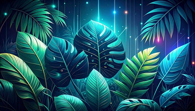 Vibrant tropical foliage with neon blue glowing veins.