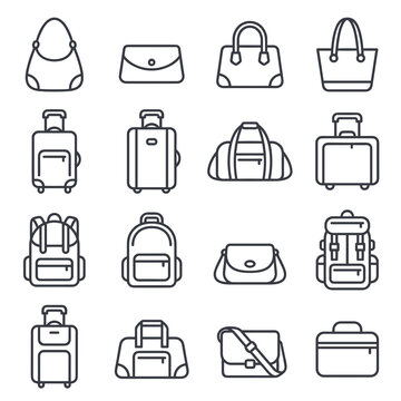 Flat vector icon set of various bags and luggage including suitcases, backpacks and handbags