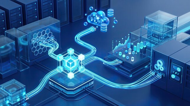 Futuristic data flow visualization depicting interconnected servers and analytics.
