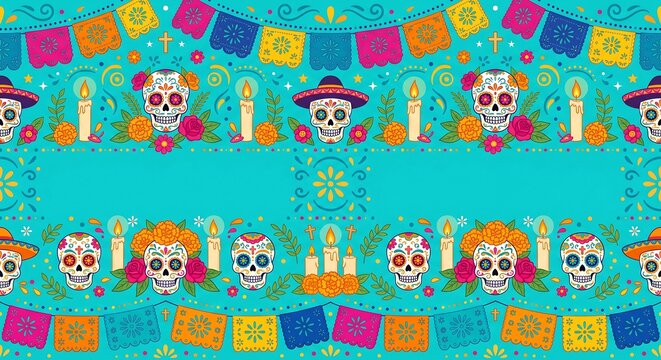 Colorful D&iacute;a de los Muertos seamless pattern with decorated sugar skull, marigold flower, candle and papel picado banner. Mexican folk celebration background.