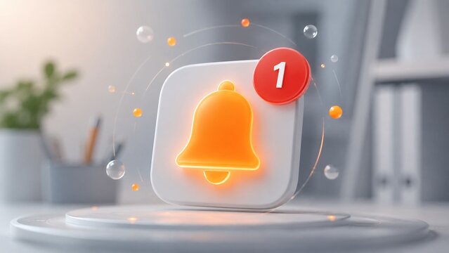 3D Glowing Notification Bell Icon with Red Number One Badge on a Modern Office Desk Background