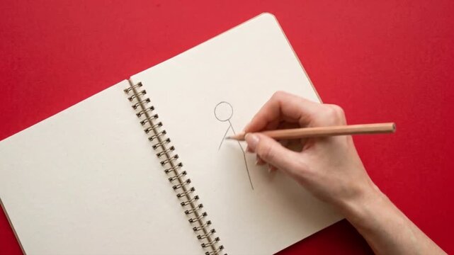 Top view of a hand sketching a stickman in a spiral notebook over a red background