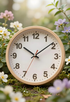 Daylight saving time concept, spring forward and time change, clock in nature with blooming flowers and green moss