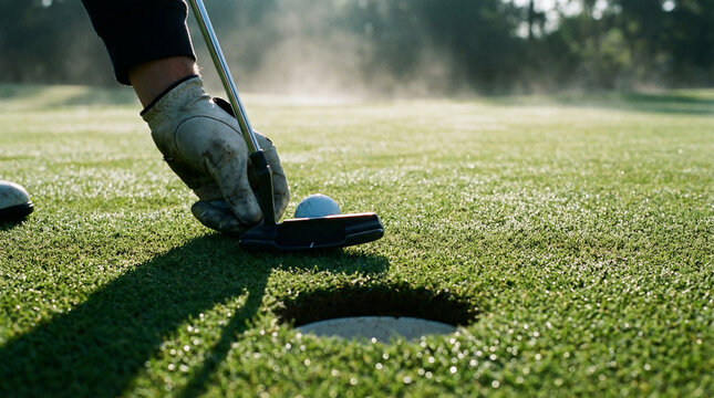 Golfer Concentrating on Putt Near Hole on Sunny Golf Course
